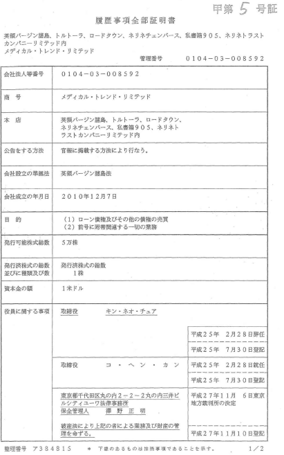 青山綜合会計事務所のメディカルトレンドリミテッド関与